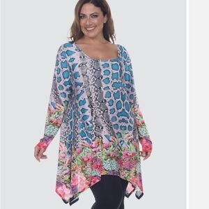 White Mark size 4 XL V-neck blouse tunic blue/pink pockets